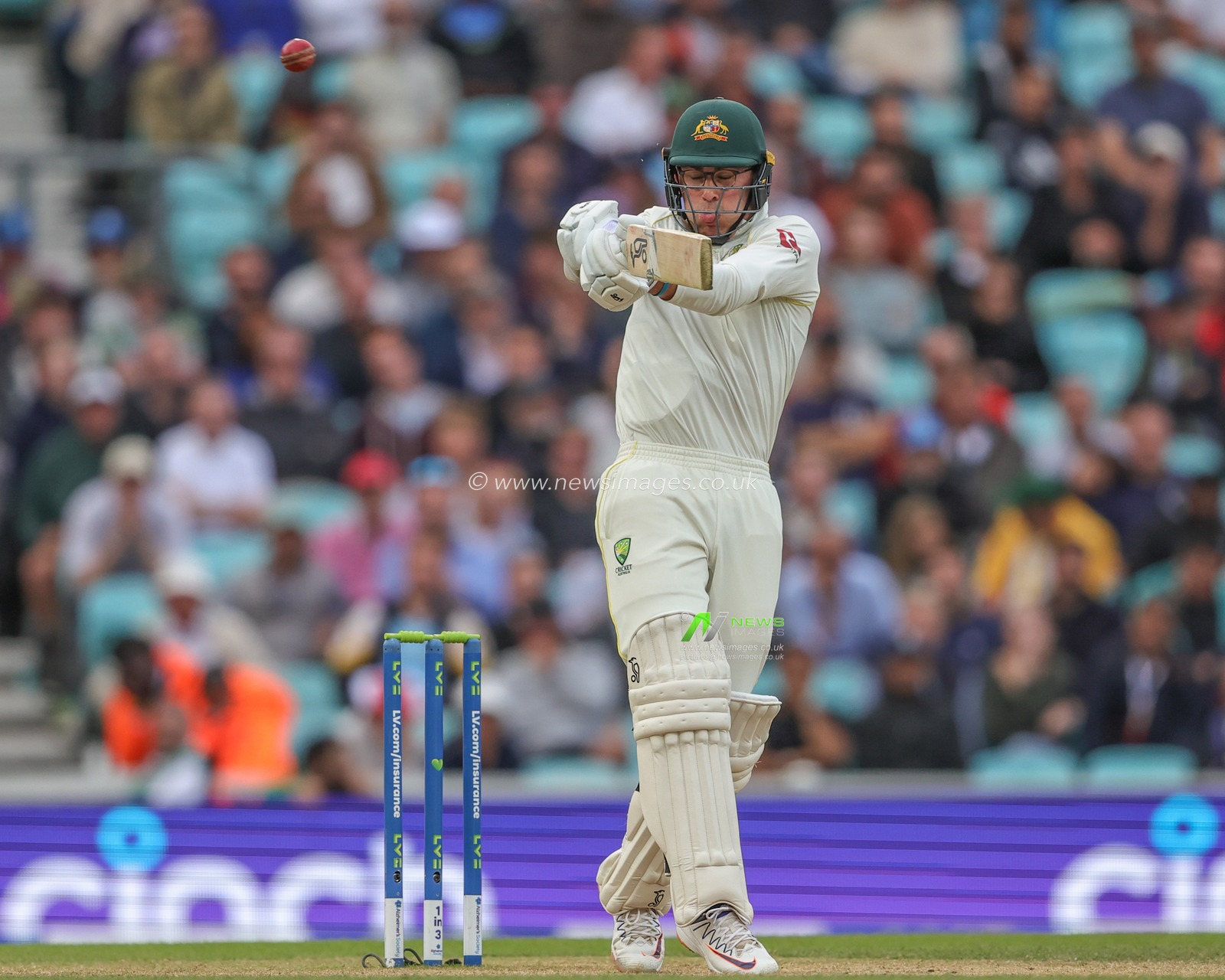 Todd Murphy of Australia hits the ball for four runs during the LV= Insurance Ashes Fifth Test Series Day Five England v Australia at The Kia Oval, London, United Kingdom, 31st July 2023

(Photo by Mark Cosgrove/News Images)