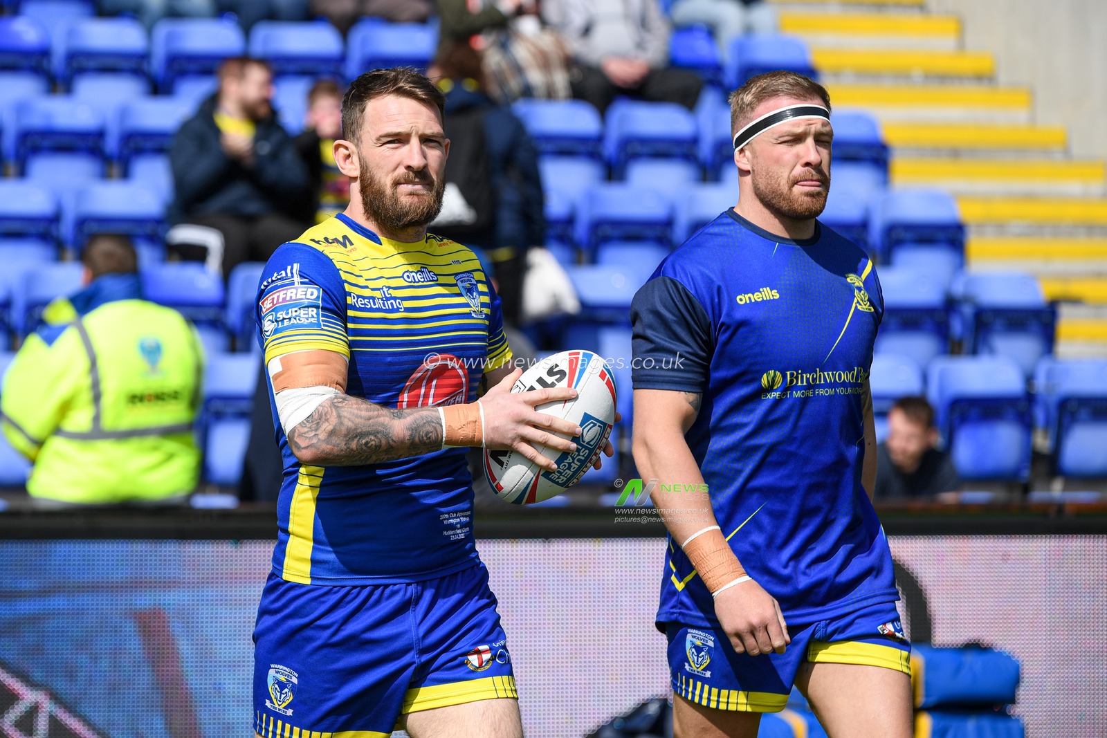 Daryl Clark #9 of Warrington Wolves begins the warm up