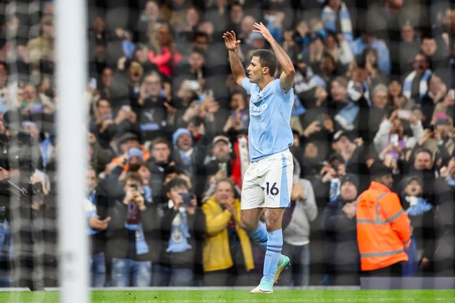 Rodri of Manchester City celebrates his goal to make it 1-0 during the Premier League match Manchester City vs Aston Villa at Etihad Stadium, Manchester, United Kingdom, 3rd April 2024

(Photo by Mark Cosgrove/News Images)