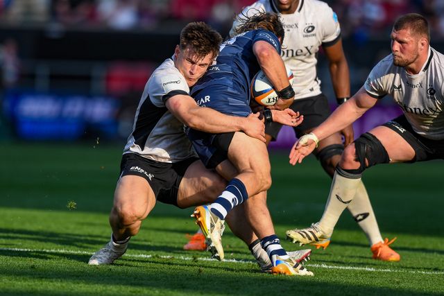 Theo Dan of Saracens tackles Benhard Janse van Rensburg of Bristol Bears during the Gallagher PREM match Bristol Bears vs Saracens at Ashton Gate, Bristol, United Kingdom on 09 May 2026

(Photo by Alex Williamson/News Images)