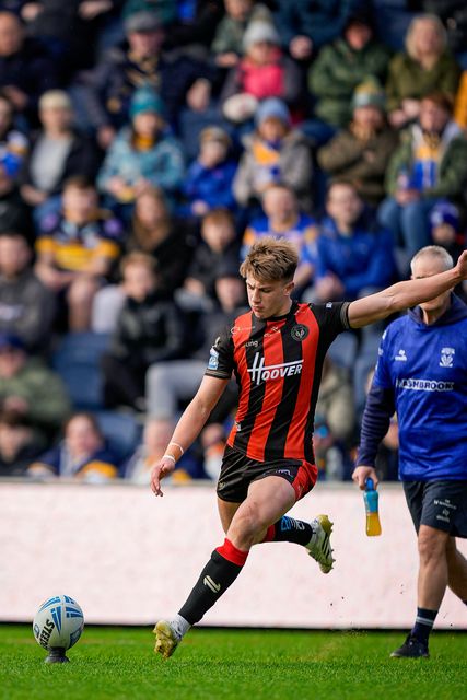 Ewan Irwin of Warrington Wolves converts for a goal during the Betfred Super League round 1 match Leeds Rhinos vs Warrington Wolves at AMT Headingley Stadium, Leeds, United Kingdom on 29 March 2026

(Photo by Maynard Manyowa/News Images)