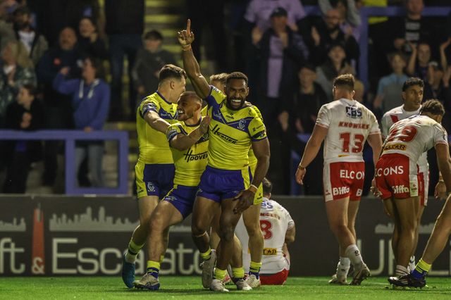 Rodrick Tai of Warrington Wolves celebrates his try during the Betfred Super League Round 9 match Warrington Wolves vs St Helens at Halliwell Jones Stadium, Warrington, United Kingdom, 24th April 2025

(Photo by Alfie Cosgrove/News Images)