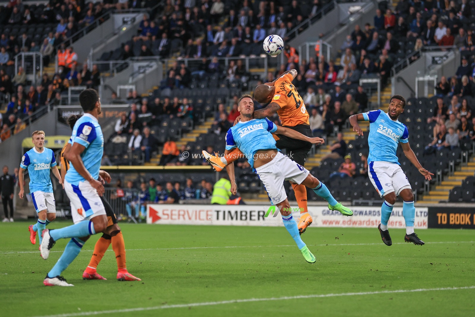 Josh Magennis #27 of Hull City heads on goals, saved by Kelle Roos #21 of Derby County