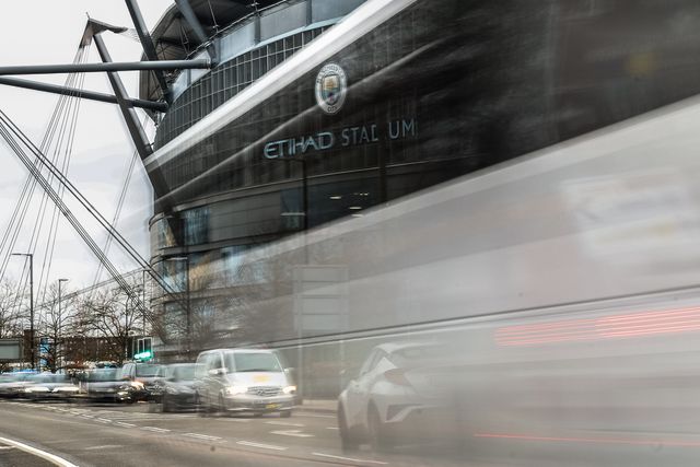 Etihad Stadium sign through the window of a passing bus during the Premier League match Manchester City vs Aston Villa at Etihad Stadium, Manchester, United Kingdom, 3rd April 2024

(Photo by Mark Cosgrove/News Images)