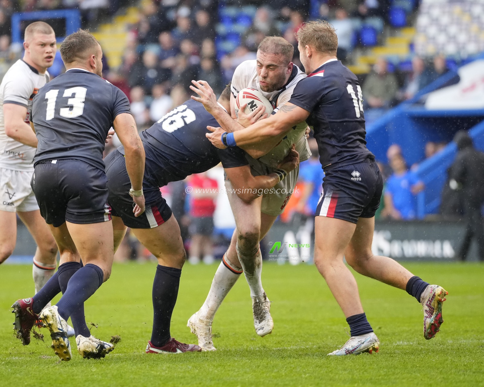 James Harrison #15 of England runs at the French defence during the Mid Season International match England vs France at Halliwell Jones Stadium, Warrington, United Kingdom, 29th April 2023

(Photo by Steve Flynn/News Images)