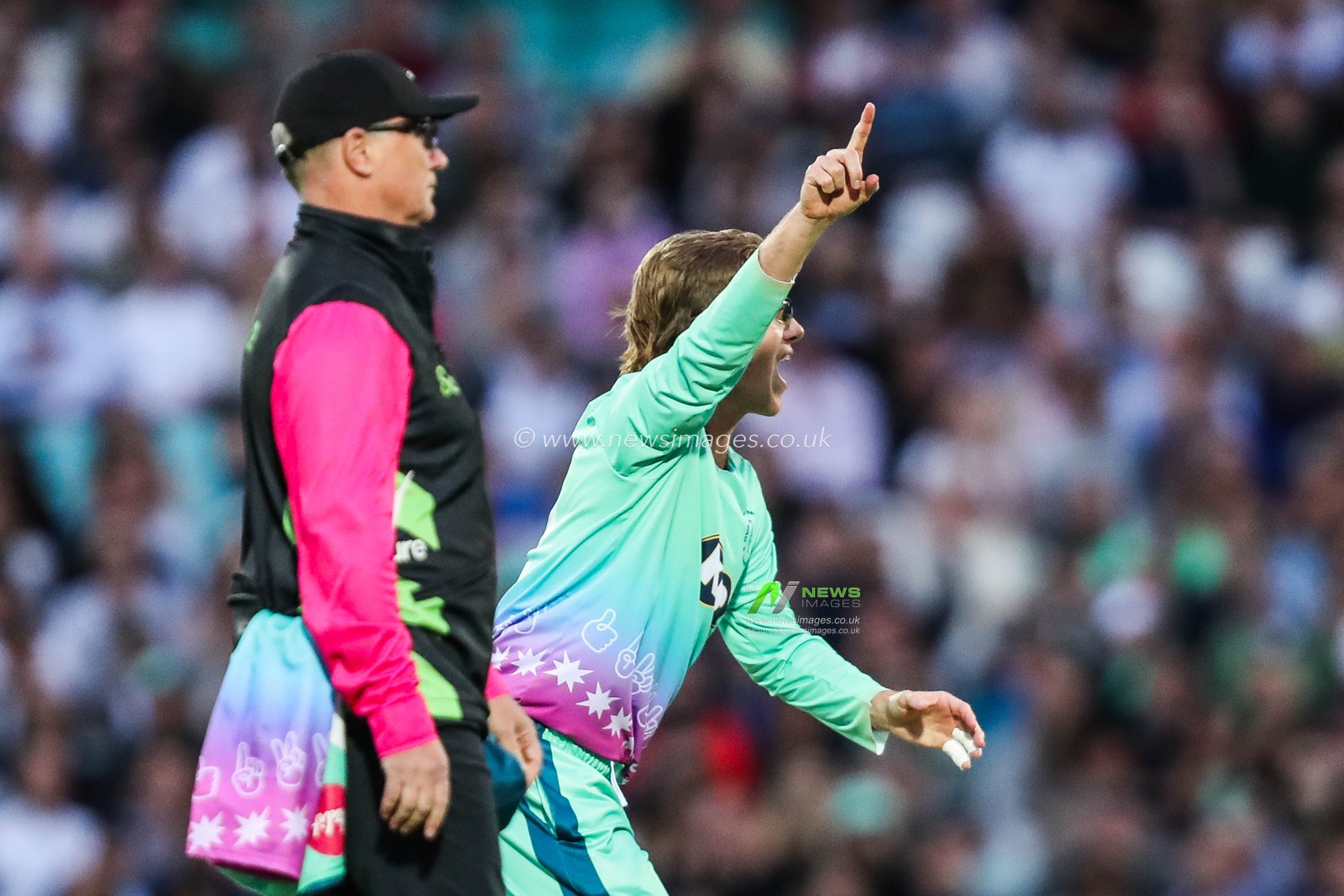 Spencer Johnson of Oval Invincibles celebrates after the dismissal of Laurie Evans of Southern Brave during the The Hundred match Oval Invincibles vs Southern Brave at The Kia Oval, London, United Kingdom, 8th August 2024

(Photo by Izzy Poles/News Images)