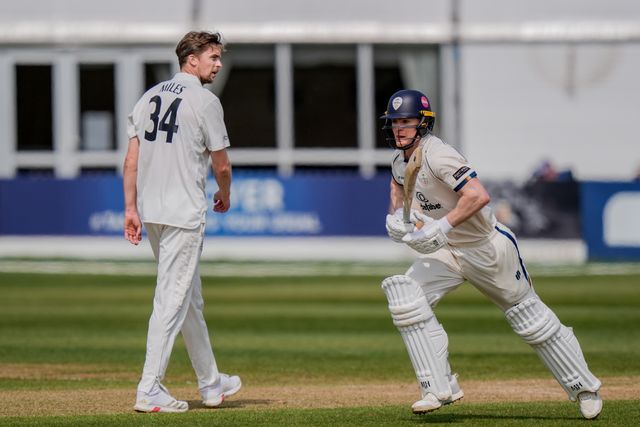 Brooke Guest takes a run during the County Championship Division Two Derbyshire v Gloucestershire at The Central Co-Op County Ground, Derby, United Kingdom on 26 April 2026

(Photo by Maynard Manyowa/News Images)