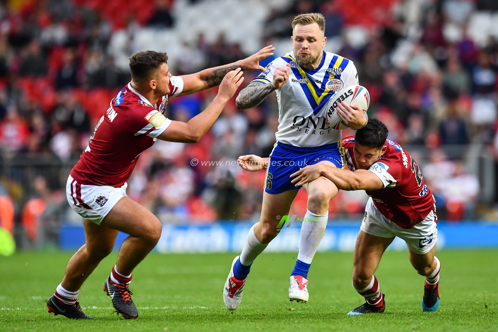 25th May 2019 , Anfield Stadium, Liverpool, England; Dacia Magic Weekend, Betfred Super League Round 16, Wigan Warriors vs Warrington Wolves ; Blake Austin (6) of Warrington Wolves in action 

Credit: Craig Thomas/News Images