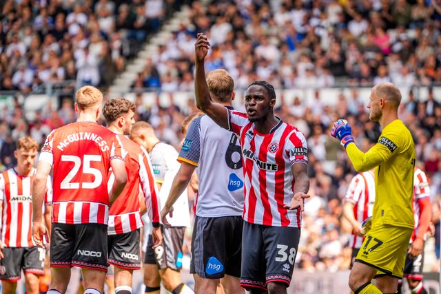 Sondre Langas of Derby County and Femi Seriki of Sheffield United react during the Sky Bet Championship match Derby County vs Sheffield United at Pride Park Stadium, Derby, United Kingdom on 02 May 2026

(Photo by Maynard Manyowa/News Images)