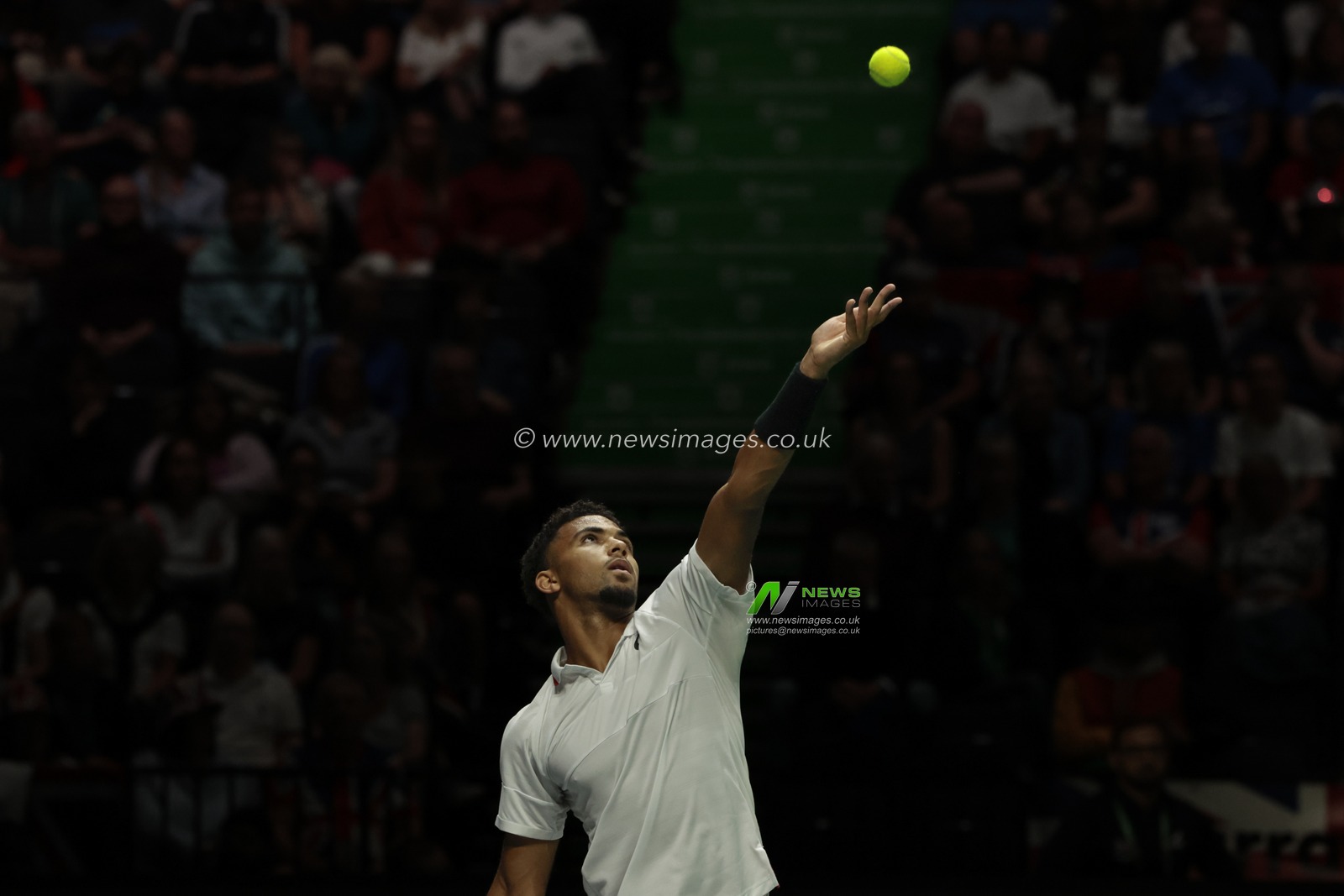 Arthur Fils (FRA) in action) in action against Daniel Evans (GBR) during his Davis Cup match Great Britain vs France at Manchester AO Arena, Manchester, United Kingdom, 17th September 2023

(Photo by Conor Molloy/News Images)
