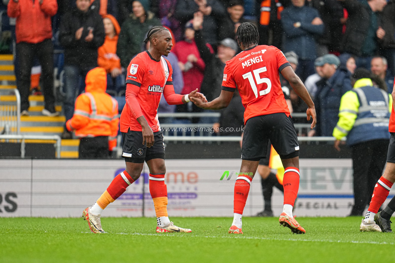 Teden Mengi of Luton Town and Amari'i Bell of Luton Town celebrate third goal during the Sky Bet Championship match Luton Town vs Bristol City at Kenilworth Road, Luton, United Kingdom, 21st April 2025

(Photo by Harvey Murphy/News Images)
