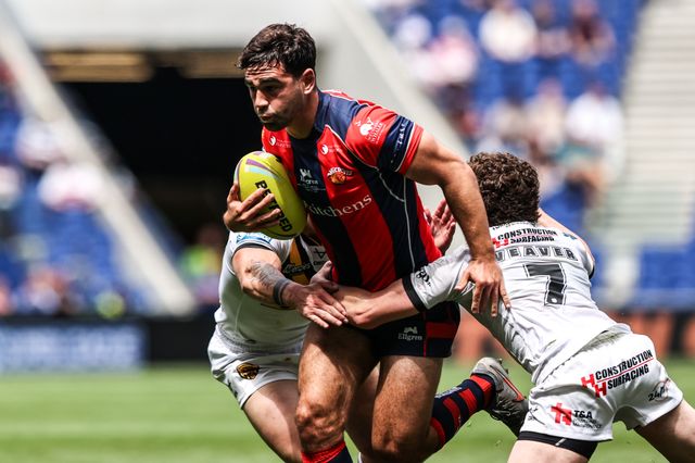 Jack Sinfield of Wakefield Trinity is tackled by Tom Weaver of Castleford Tigers during the Betfred Super League Magic Weekend match Wakefield Trinity vs Castleford Tigers at Hill Dickinson Stadium, Liverpool, United Kingdom on 05 July 2026

(Photo by Alfie Cosgrove/News Images)