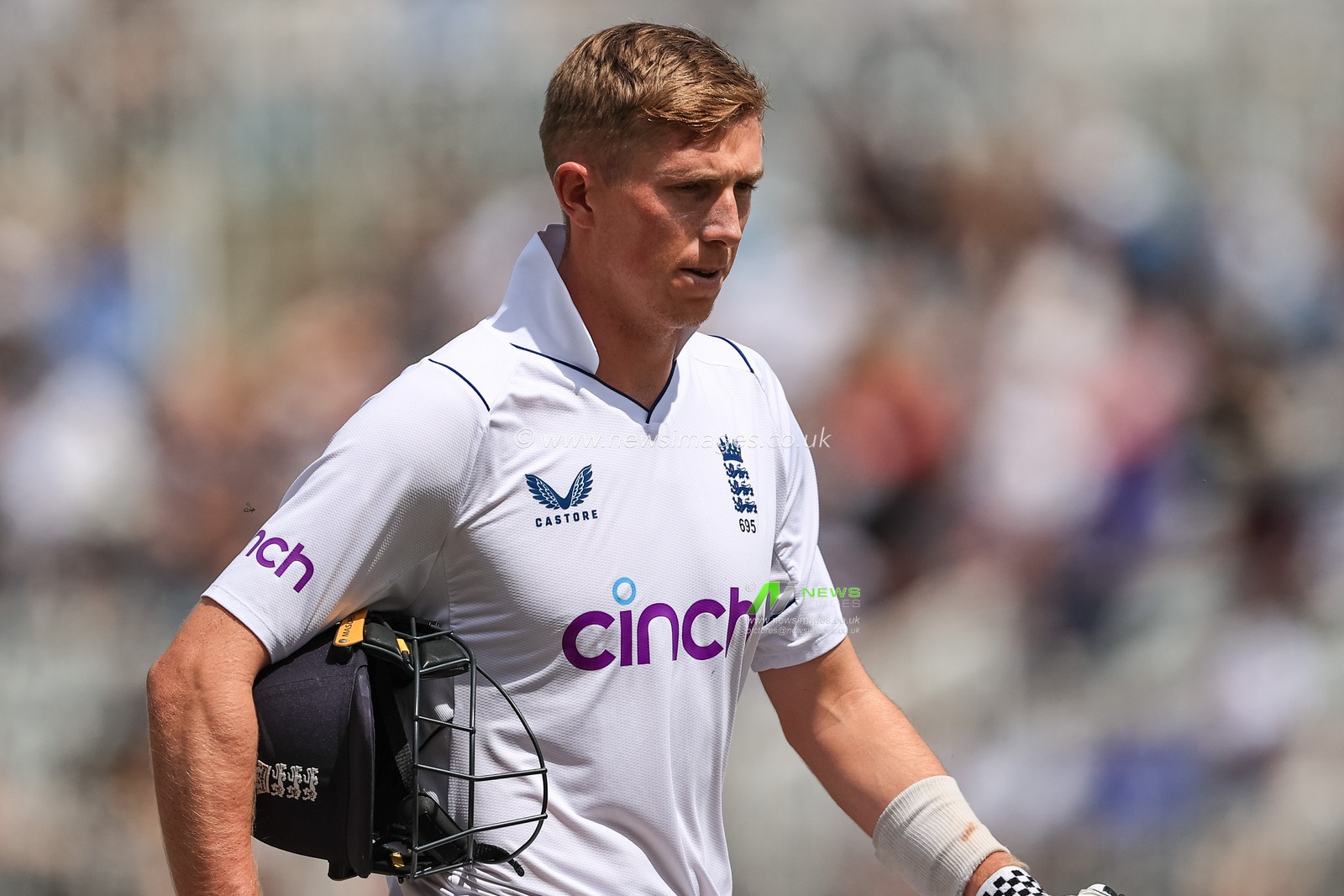Zak Crawley of England leaves the field after being dismissed for a duck