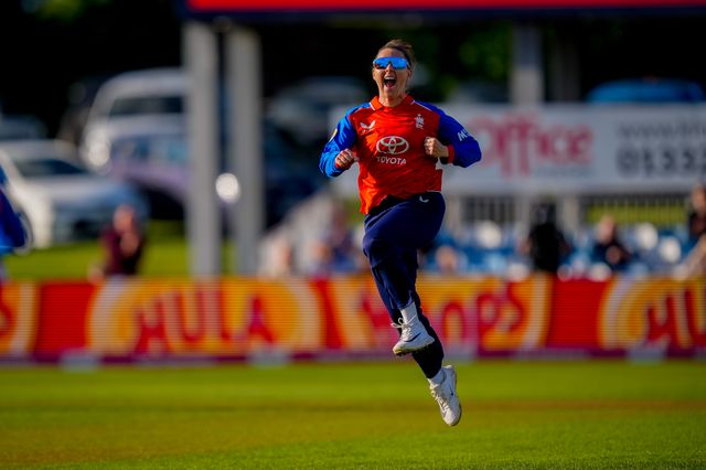 Linsey Smith of England celebrates the wicket of Amelia Kerr of New Zealand during the England Women v New Zealand 1st Vitality IT20 match at The Central Co-Op County Ground, Derby, United Kingdom on 20 May 2026

(Photo by Maynard Manyowa/News Images)