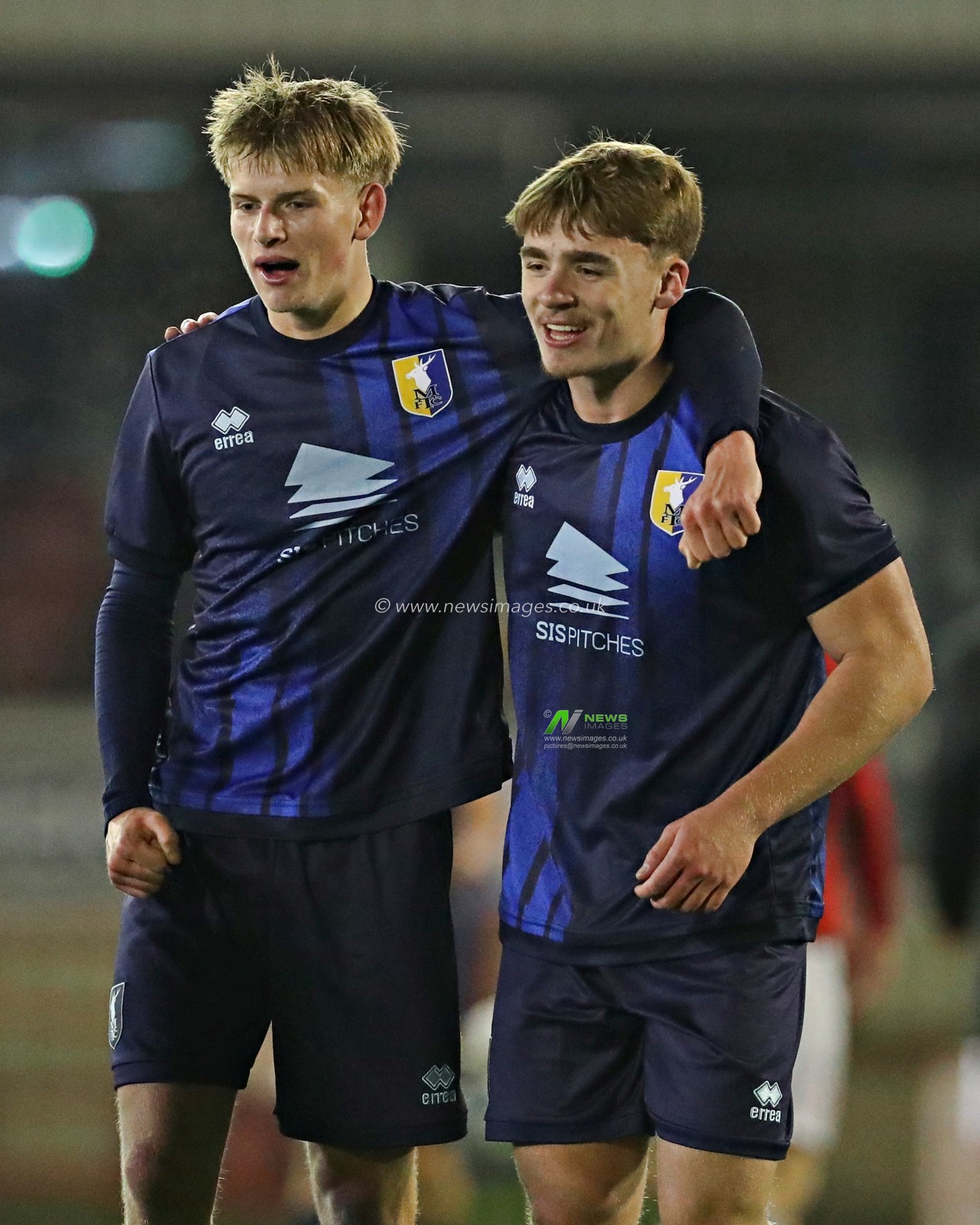 Louis Spink and Charlie Cheetham of Mansfield Town U18's celebrate after the FA Youth Cup U18’s round 2 match Barnsley vs Mansfield Town at Oakwell, Barnsley, United Kingdom, 17th November 2025(Photo by Sam Eaden/News Images)