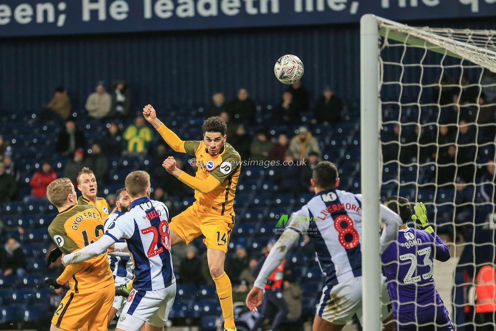 6th February 2019, The Hawthorns, West Bromwich, England; Emirates FA Cup, 4th Round replay, West Bromwich Albion vs Brighton ; Leon Balogun (14) of Brighton head on goal and it bounces back off the cross-bar 

Credit: Mark Cosgrove/News Images,

English Football League images are subject to DataCo Licence