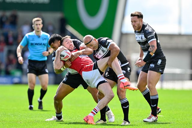 Ryan Brierley of Salford Red Devils gets tackled during the Betfred Super League Round 16 match Salford Red Devils vs Hull FC at Salford Community Stadium, Eccles, United Kingdom, 7th July 2024

(Photo by Cody Froggatt/News Images)