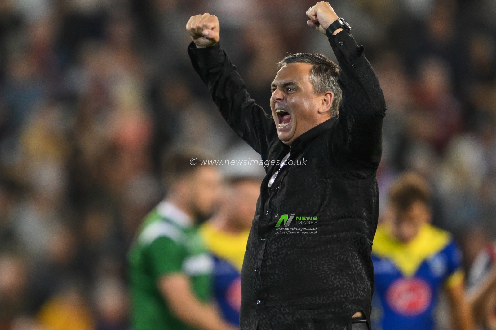 Derek Beaumont owner of Leigh Leopards celebrates his sides win at the end of the Betfred Super League Round 24 match Leigh Leopards vs Warrington Wolves at Leigh Sports Village, Leigh, United Kingdom, 30th August 2024

(Photo by Craig Thomas/News Images)