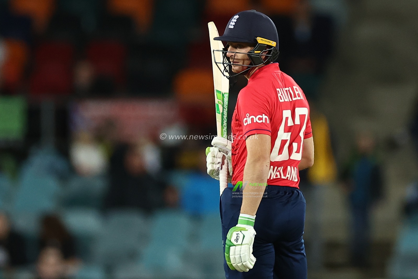 Jos Buttler (c) of England looks on during the Dettol T20I Series 3 of 3 Australia vs England at Manuka Oval, Canberra, Australia, 14th October 2022

(Photo by Patrick Hoelscher/News Images)