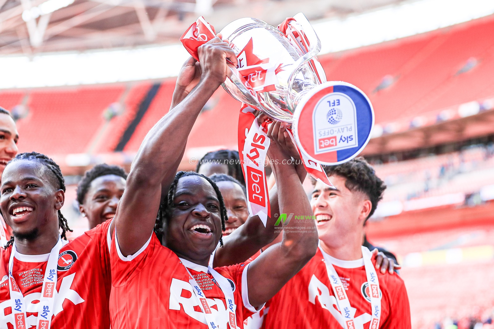 Tyreece Campbell of Charlton Athletic celebrate getting promotion back to the Sky Bet Championship after the Sky Bet League 1 Playoff Final match Charlton Athletic vs Leyton Orient at Wembley Stadium, London, United Kingdom, 25th May 2025

(Photo by Jorge Horsted/News Images)