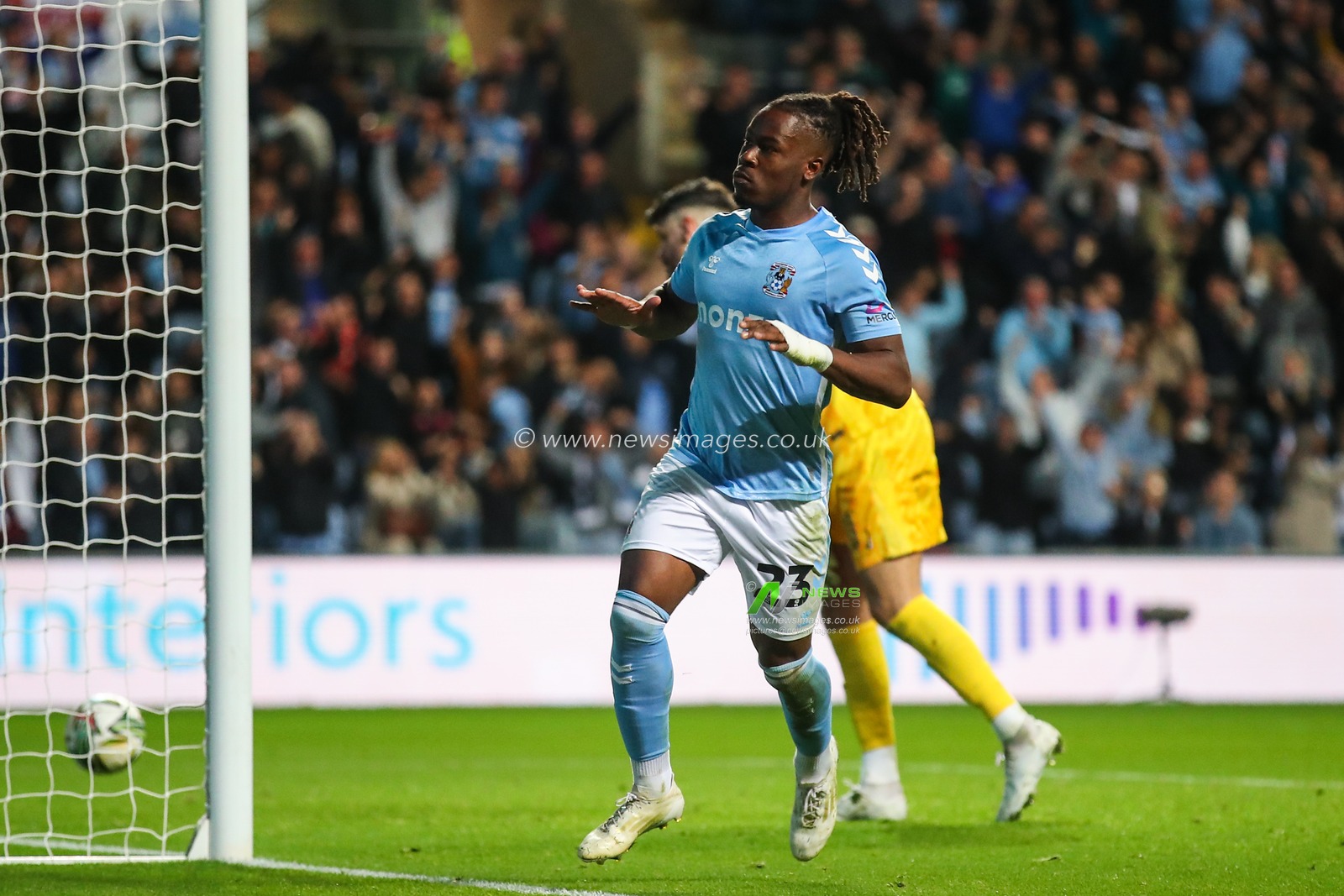 Brandon Thomas-Asante of Coventry City celebrates his goal to make it 1-0 during the Carabao Cup match Coventry City vs Tottenham Hotspur at Coventry Building Society Arena, Coventry, United Kingdom, 18th September 2024

(Photo by Gareth Evans/News Images)