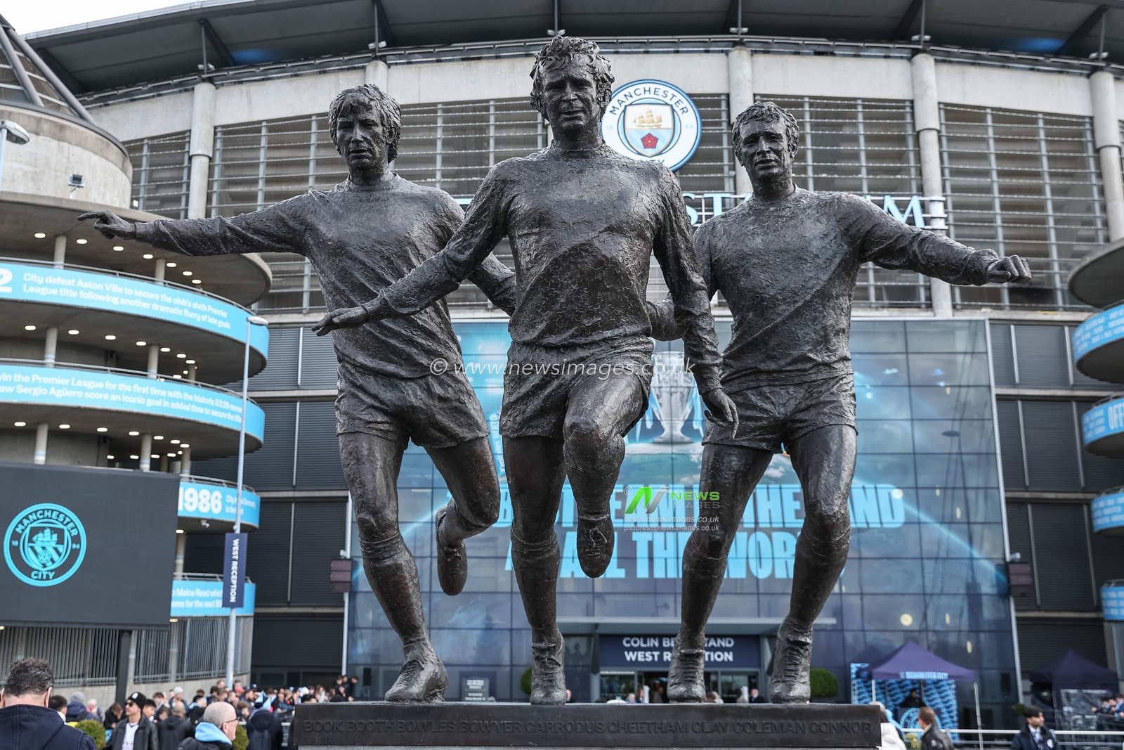 The statue depicts Colin Bell, Francis Lee and Mike Summerbee during the Premier League match Manchester City vs Manchester United at Etihad Stadium, Manchester, United Kingdom, 3rd March 2024

(Photo by Mark Cosgrove/News Images)