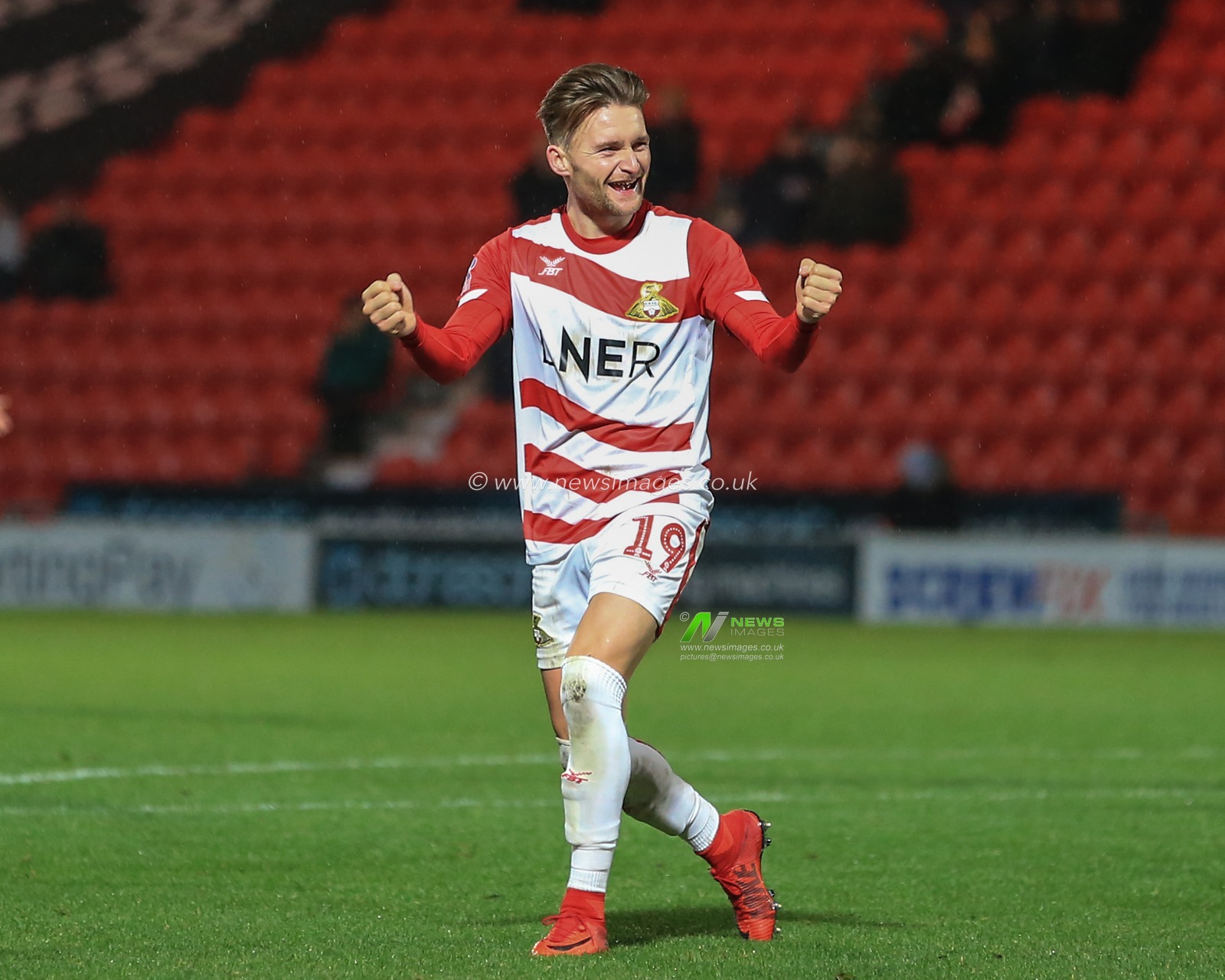 20th November 2018, Keepmoat Stadium, Doncaster, England; The Emirates FA Cup, Round 1, Doncaster Rovers v Chorley ;  Alfie May (19) of Doncaster celebrates scoring his 4th goal of the night to make it 6-0

Credit: Mark Cosgrove/News Images

English Football League images are subject to DataCo Licence