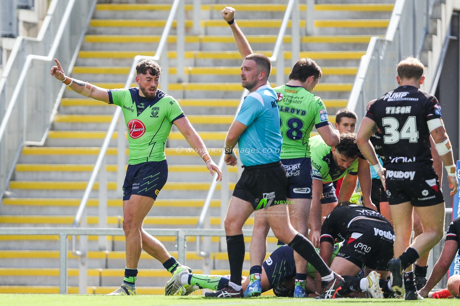 Matty Ashton of Warrington Wolves celebrates a try that was later disallowed during the Betfred Super League Round 21 match London Broncos vs Warrington Wolves at Plough Lane, Wimbledon, United Kingdom, 11th August 2024

(Photo by Izzy Poles/News Images)