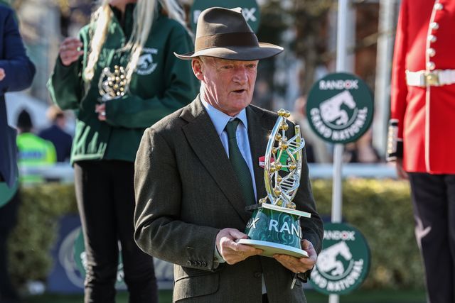 Willie Mullins lifts the Grand National Trophy during the Randox Grand National 2025 Day 3 Grand National Day at Aintree Racecourse, Liverpool, United Kingdom, 5th April 2025

(Photo by Mark Cosgrove/News Images)