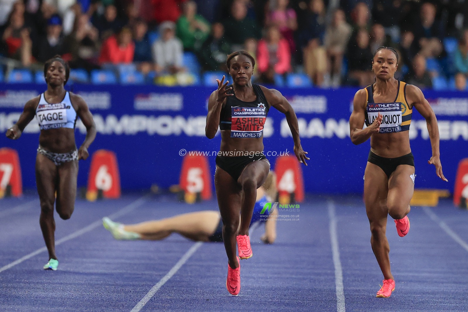 Dina Asher-Smith wins the womenâ€™s100m final during the UK Athletics Championships at Manchester Regional Arena, Manchester, United Kingdom, 8th July 2023.

(Photo by Conor Molloy/News Images)