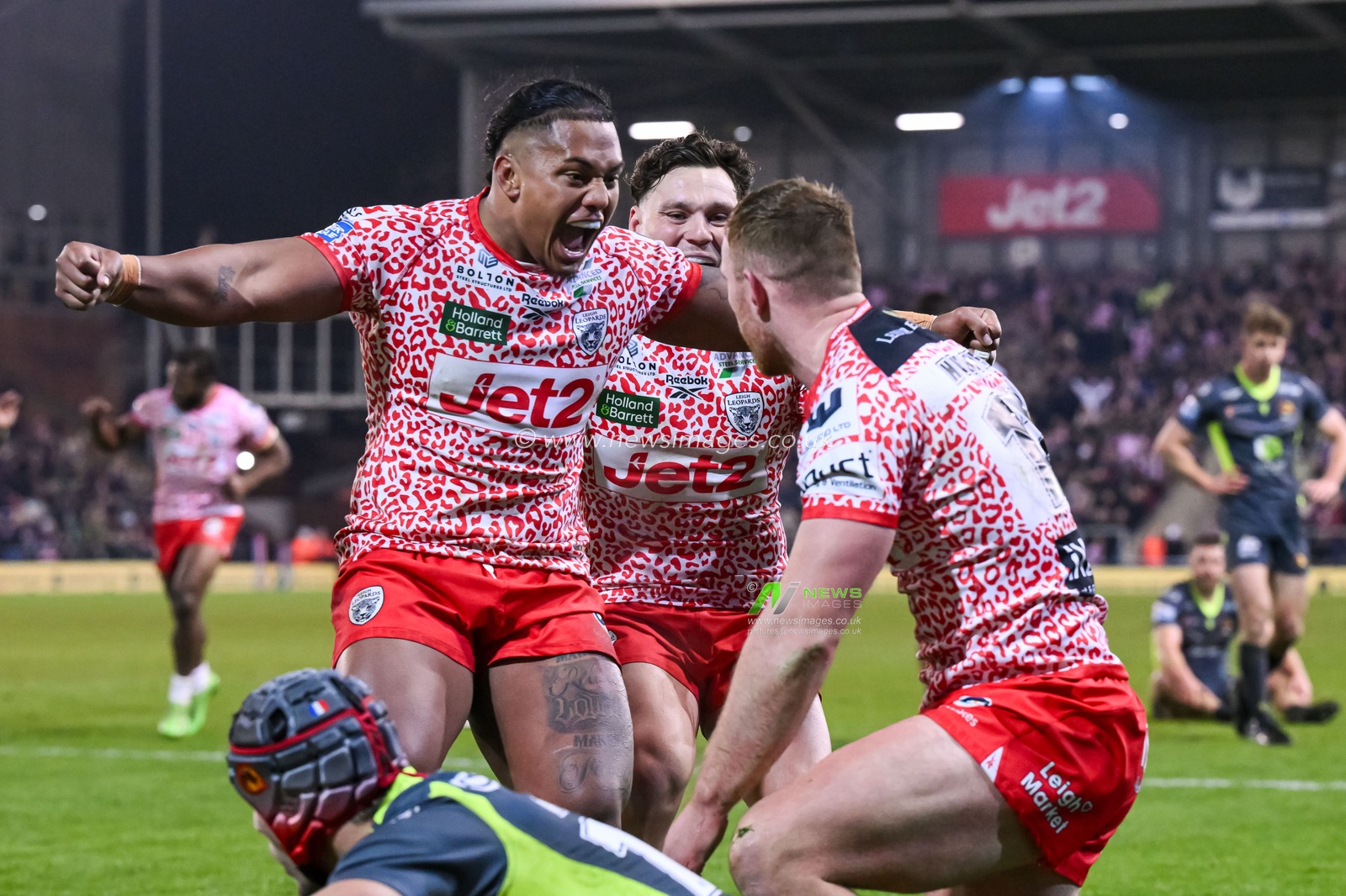 Jack Hughes of Leigh Leopards celebrates his try during the Betfred Super League Round 3 match Leigh Leopards vs Catalans Dragons at Leigh Sports Village, Leigh, United Kingdom, 28th February 2025

(Photo by Craig Thomas/News Images)