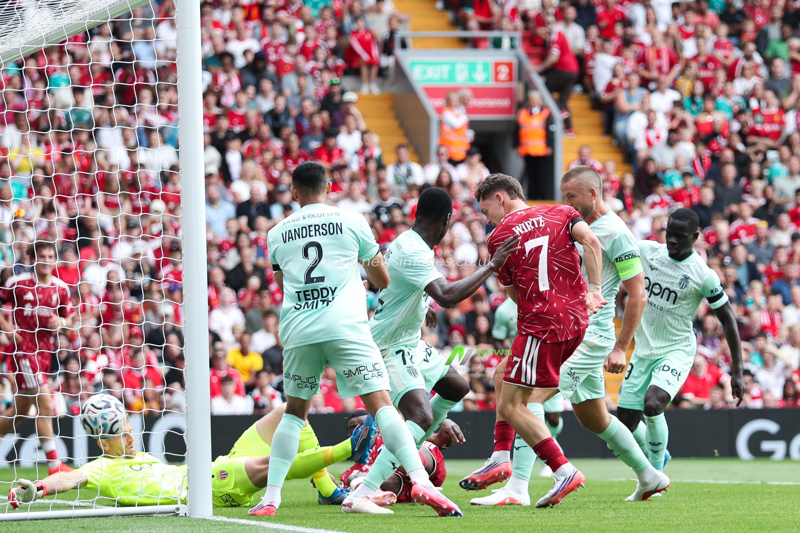Florian Wirtz of Liverpool shoots and scores to make it 2-0 during the pre-season friendly match Liverpool vs Monaco at Anfield, Liverpool, United Kingdom on 09 August 2026

(Photo by Jorge Horsted/News Images)