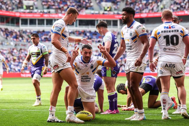 Jake Connor of Leeds Rhinos celebrates his try during the Betfred Super League Magic Weekend match Leeds Rhinos vs Bradford Bulls at Hill Dickinson Stadium, Liverpool, United Kingdom on 05 July 2026

(Photo by Alfie Cosgrove/News Images)