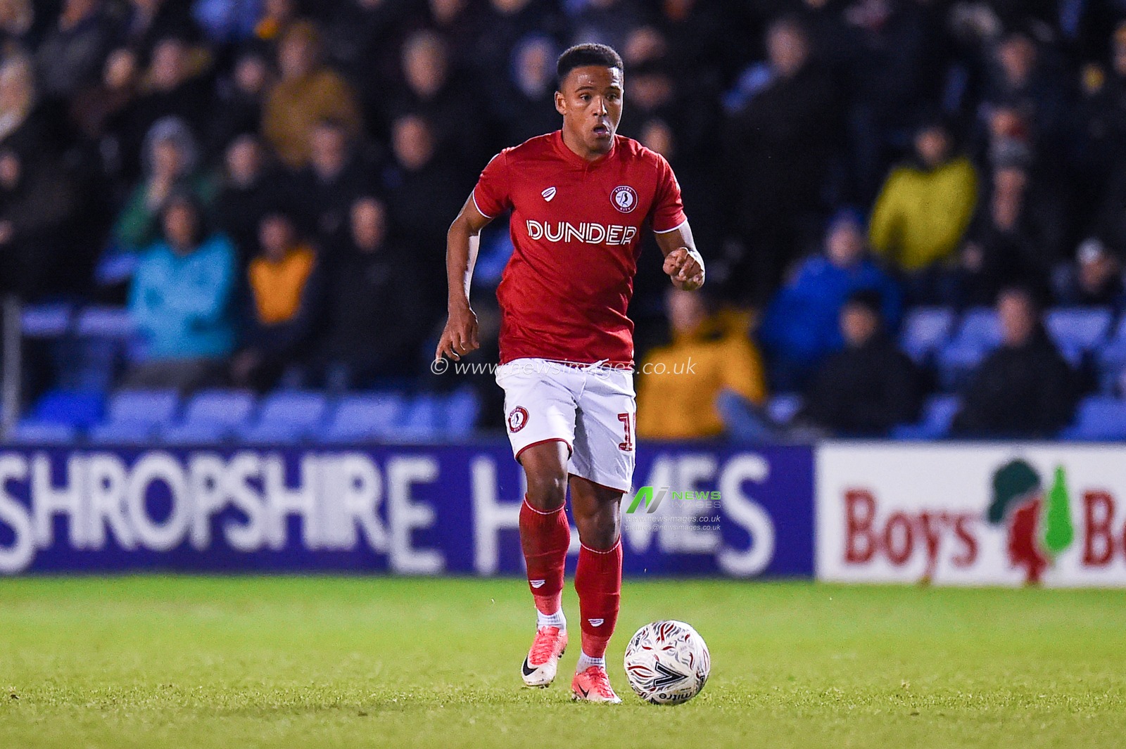 14th January 2020, Greenhous Meadow, Shrewsbury, England; Emirates FA Cup, Shrewsbury Town v Bristol City :
Niclas Eliasson (19) of Bristol City with the ball
Credit: Gareth Dalley/News Images