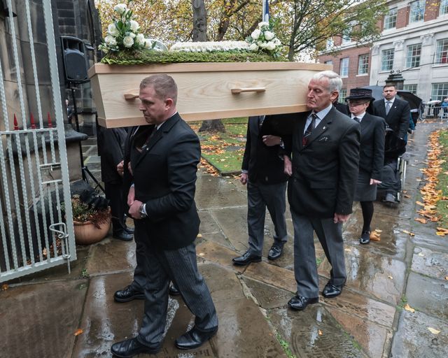 Harold Dennis “Dickie” Bird OBE coffin makes its way to the alter inside during the Funeral of Harold Dennis “Dickie” Bird OBE at St Mary's Church, Barnsley, United Kingdom, 19th October 2025

(Photo by Mark Cosgrove/News Images)