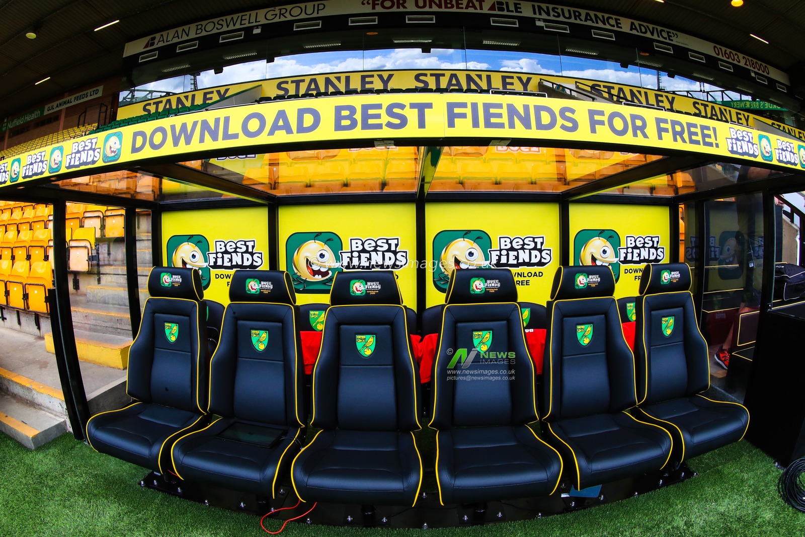 17th August 2019, Carrow Road, Norwich, England ; Premier League Football, Norwich City vs Newcastle United : Norwich's new Premier League sponsors adorn the dug out.


Credit: Georgie Kerr/News Images

English Football League images are subject to DataCo Licence