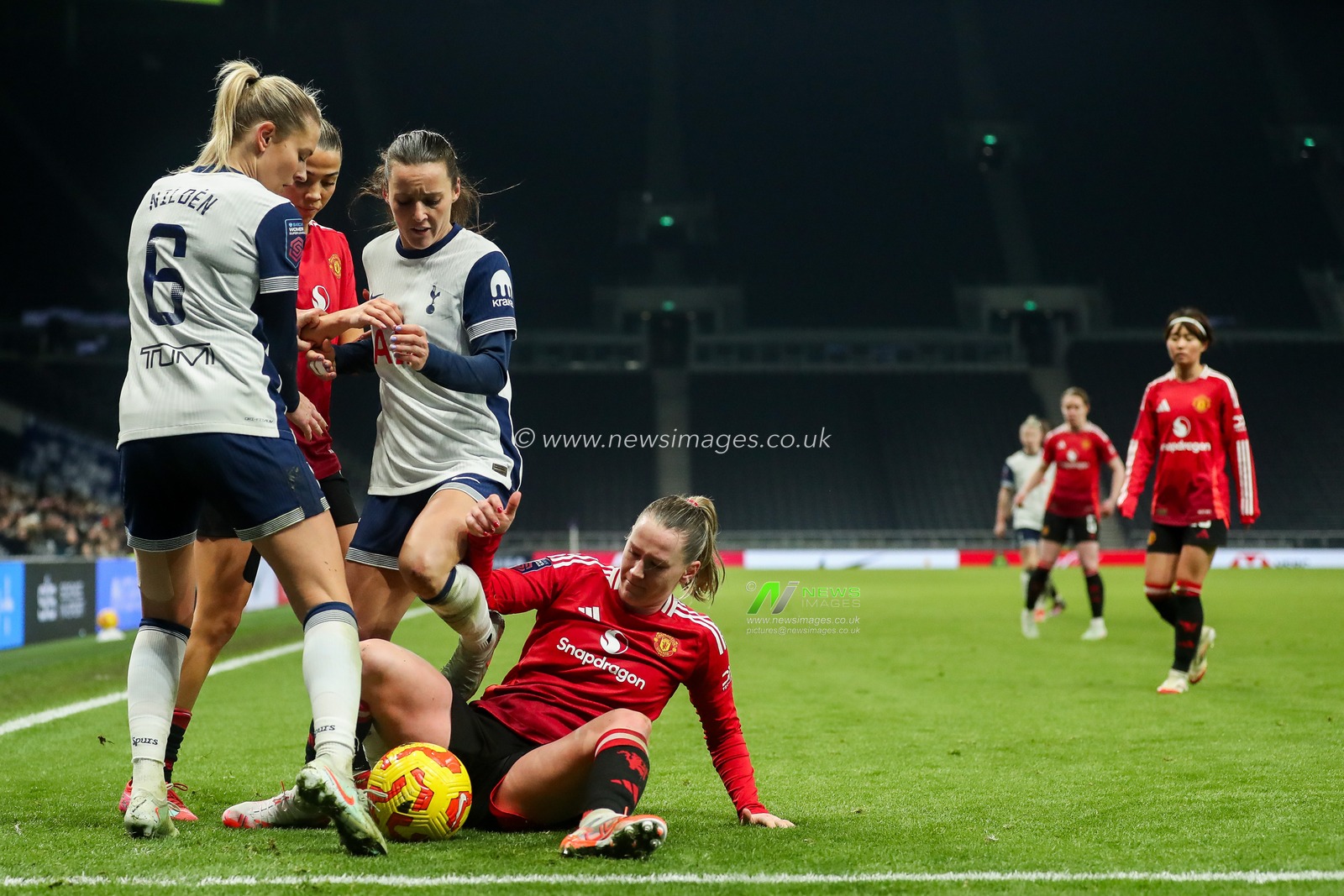 Elisabeth Terland and Celin Bizet of Manchester United Women battles for the ball with Amanda Nilden and Hayley Raso of Tottenham Hotspur Women during the Barclays Women's Super League match Tottenham Hotspurâ€™s Women vs Manchester United Women at Tottenham Hotspur Stadium, 2nd February 2025

(Photo by Izzy Poles/News Images)
