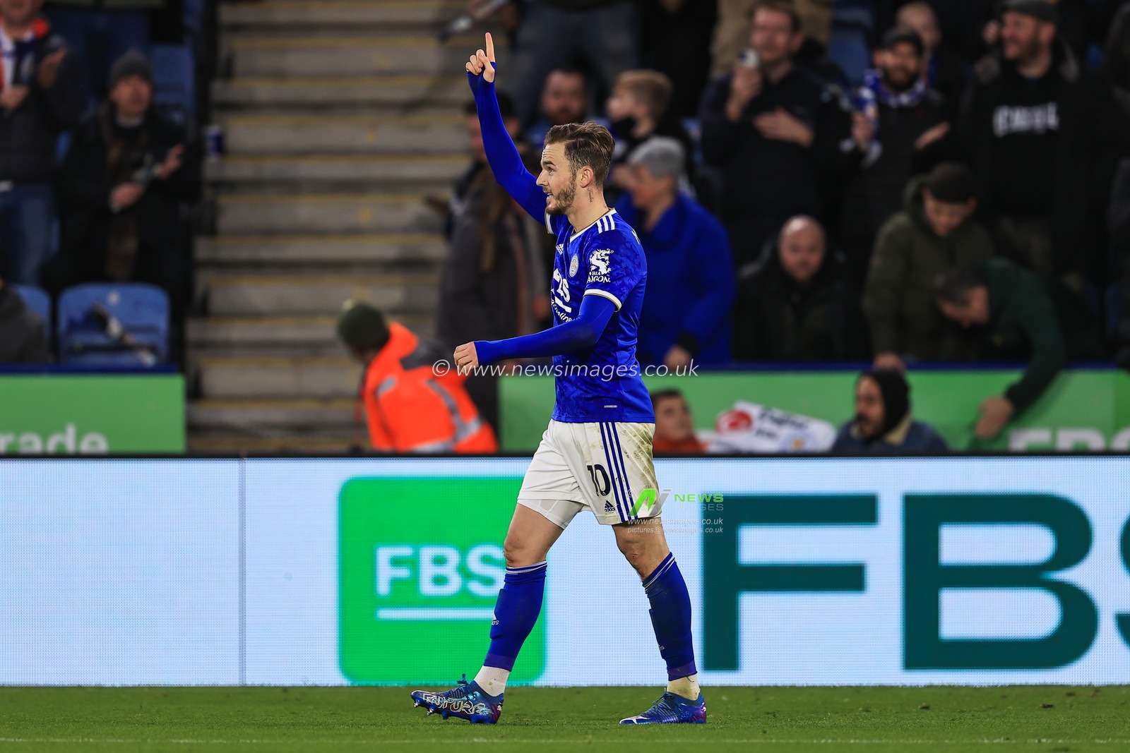 James Maddison #10 of Leicester City celebrates his goal to make it 4-0
