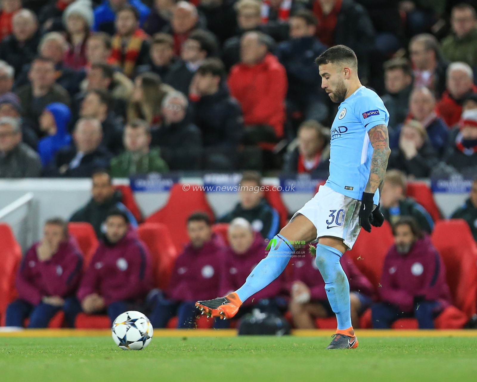 4th April 2018 , Anfield, Liverpool, England; Champions League Quarter Final, first leg, Liverpool v Manchester City; Nicolas Otamendi of Manchester City