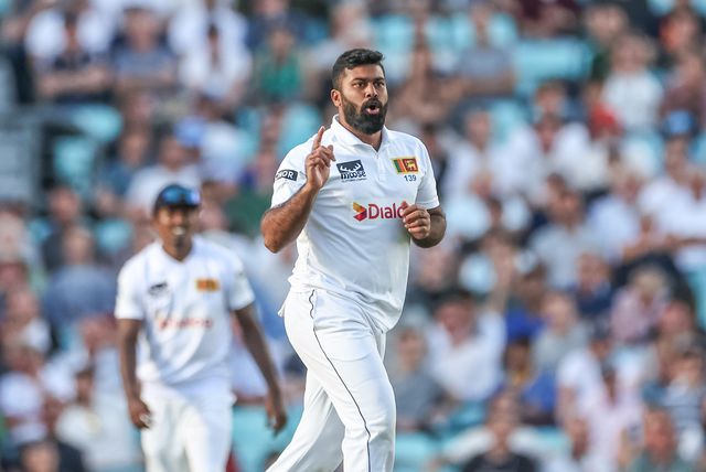 Lahiru Kumara of Sri Lanka celebrates the wicket of Olly Stone of England during the 3rd Rothesay Test Match Day Three England v Sri Lanka at The Kia Oval, London, United Kingdom, 8th September 2024

(Photo by Mark Cosgrove/News Images)