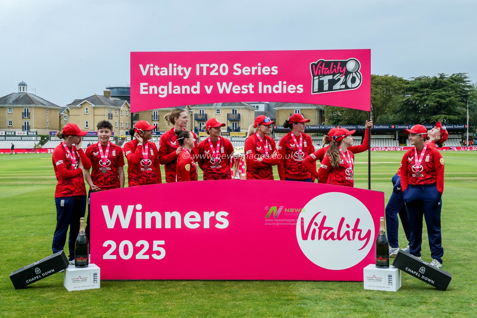 England Women celebrate winning the series 3-0 following the 3rd Vitality IT20 Series match England Women vs West Indies Women at The Cloud County Ground, Chelmsford, United Kingdom, 26th May 2025

(Photo by Izzy Poles/News Images)
