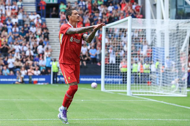 Darwin NÃºÃ±ez of Liverpool celebrates after making it 2-0 doing Diogo Jota celebration as a tribute during the Pre-season friendly match Preston North End vs Liverpool at Deepdale, Preston, United Kingdom, 13th July 2025

(Photo by Jorge Horsted/News Images)