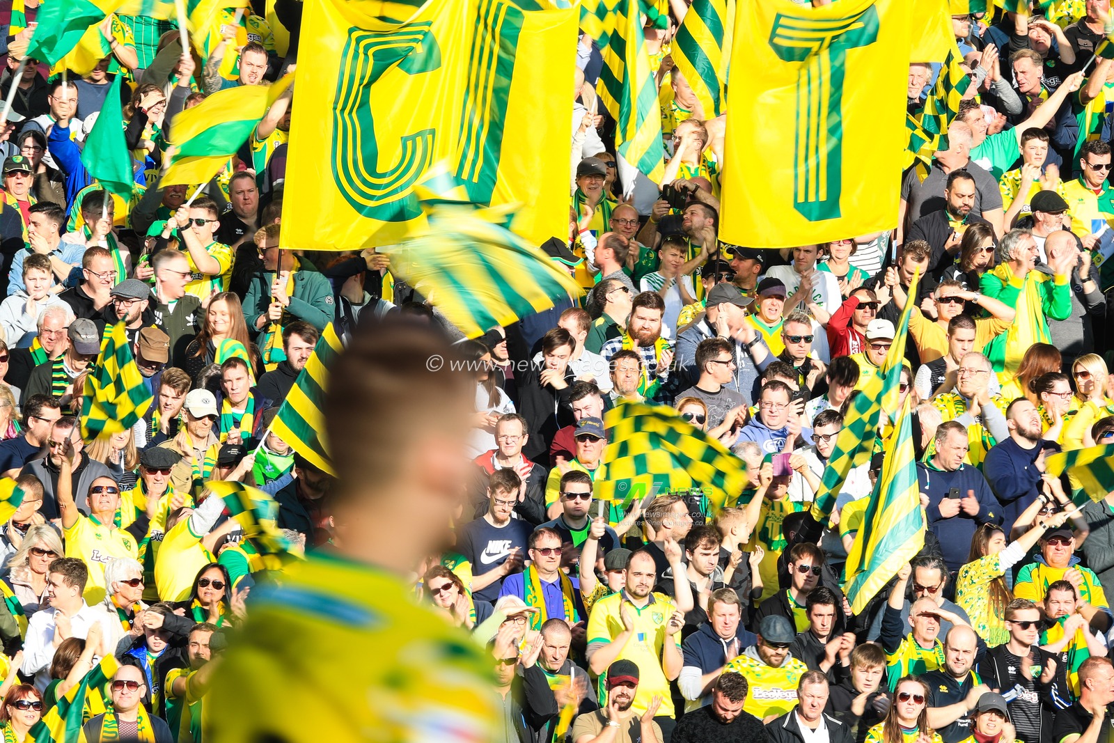 23rd February 2019, Carrow Road, Norfolk, England; Sky Bet Championship, Norwich City vs Bristol City ;  Norwich City fans wave their flags in the Woodforde's stand.

Credit: Georgie Kerr/News Images

English Football League images are subject to DataCo Licence
