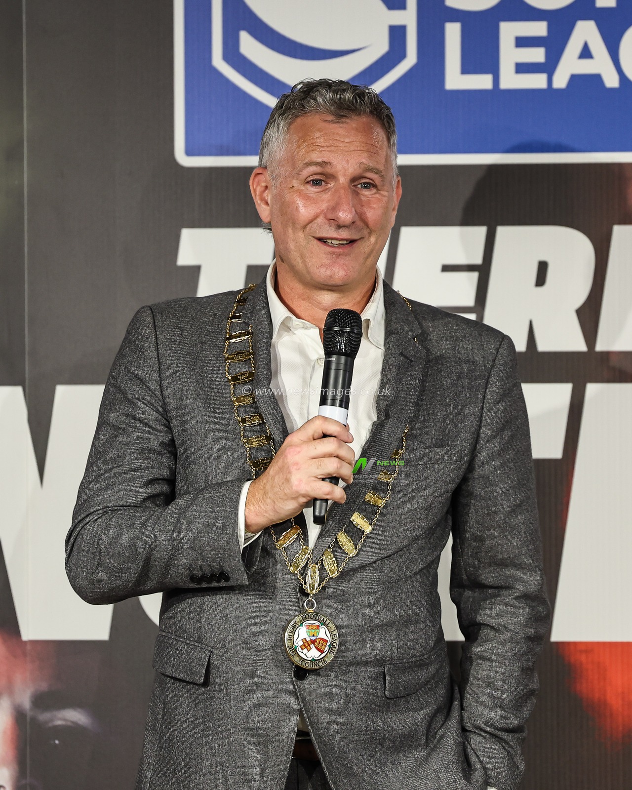 Adam Hills MBE the 33rd President of the Rugby Football League during the 2025 Betfred Super League season launch at Co-op Live, Manchester, United Kingdom, 5th February 2025

(Photo by Mark Cosgrove/News Images)