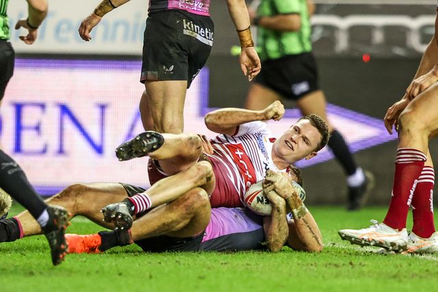 Jai Field of Wigan Warriors celebrates his try during the Betfred Super League match Wigan Warriors vs Hull FC at The Brick Community Stadium, Wigan, United Kingdom on 21 February 2026

(Photo by Alfie Cosgrove/News Images)