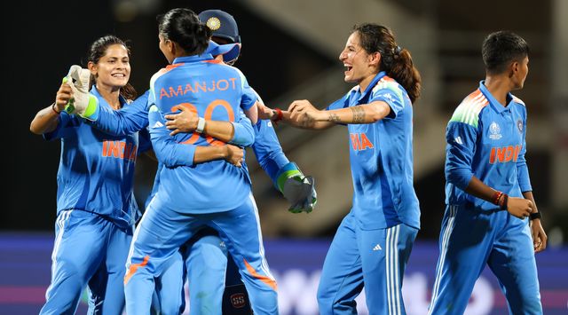 Renuka Singh Thakur of India takes wicket of Tazmin Brits of South Africa and celebrates wit team India Amanjot Kaur of India Jemimah Rodrigues of India Richa Ghosh of India Smriti Mandhana  of India Harmanpreet Kaur (Captain) of India  during the ICC Women's ODI Cricket World Cup Final 2025 session India Women vs South Africa Women at Dr. D.Y. Patil Sports Academy, Navi Mumbai, India, 2nd November 2025

(Photo by Shubhajit Roy Karmakar/News Images)