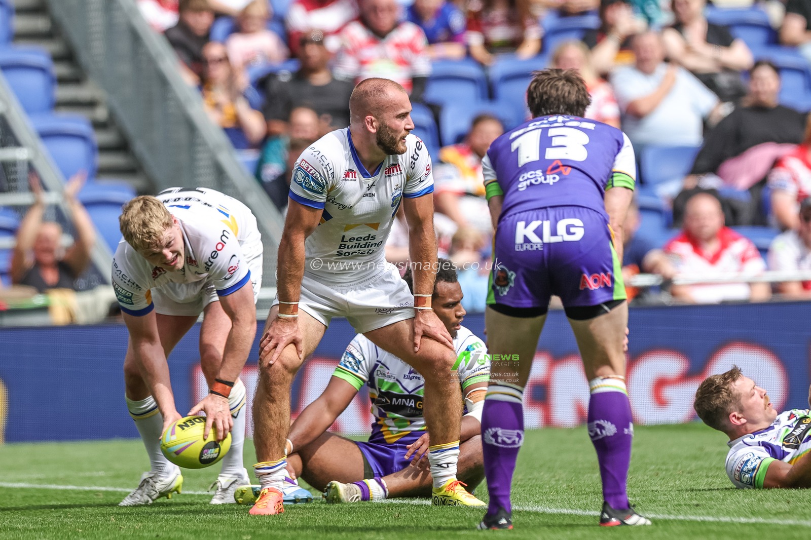 Jarrod O'Connor of Leeds Rhinos wiggles his hips as he celebrates his try  during the Betfred Super League Magic Weekend match Leeds Rhinos vs Bradford Bulls at Hill Dickinson Stadium, Liverpool, United Kingdom on 05 July 2026

(Photo by Mark Cosgrove/News Images)