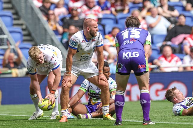 Jarrod O'Connor of Leeds Rhinos wiggles his hips as he celebrates his try  during the Betfred Super League Magic Weekend match Leeds Rhinos vs Bradford Bulls at Hill Dickinson Stadium, Liverpool, United Kingdom on 05 July 2026

(Photo by Mark Cosgrove/News Images)