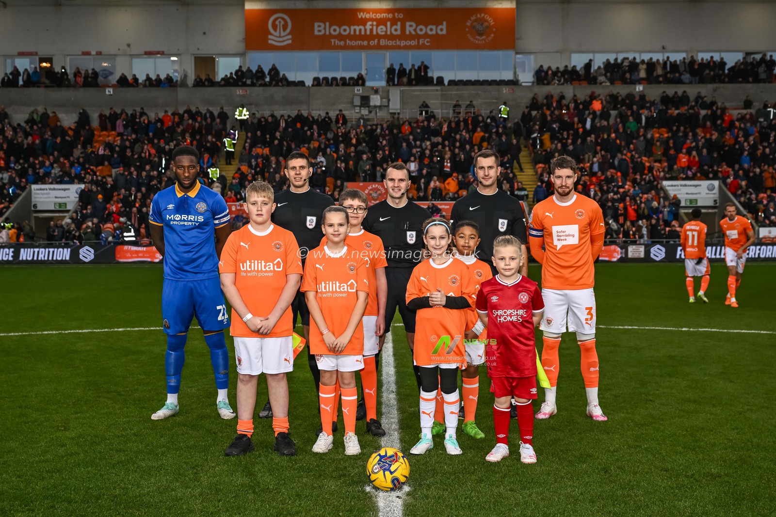Todays match mascots with Referee Benjamin Speedie and team captains during the Sky Bet League 1 match Blackpool vs Shrewsbury Town at Bloomfield Road, Blackpool, United Kingdom, 18th November 2023

(Photo by Craig Thomas/News Images)