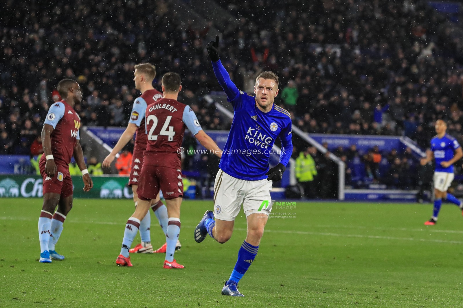 9th March 2020, King Power Stadium, Leicester, England; Premier League, Leicester City v Aston Villa : Jamie Vardy (9) of Leicester City celebrates his goal to make it 3-0